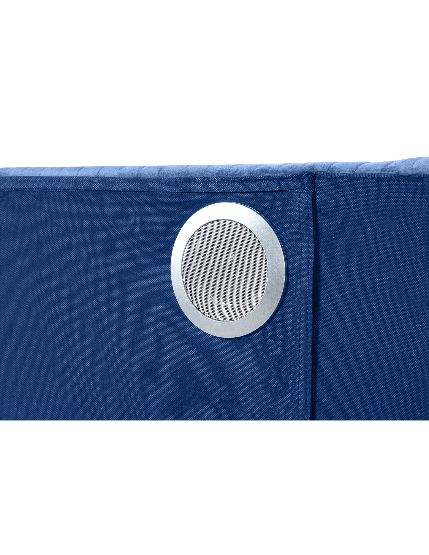 Blue fabric storage cube with a silver circular speaker grille inset on the side
