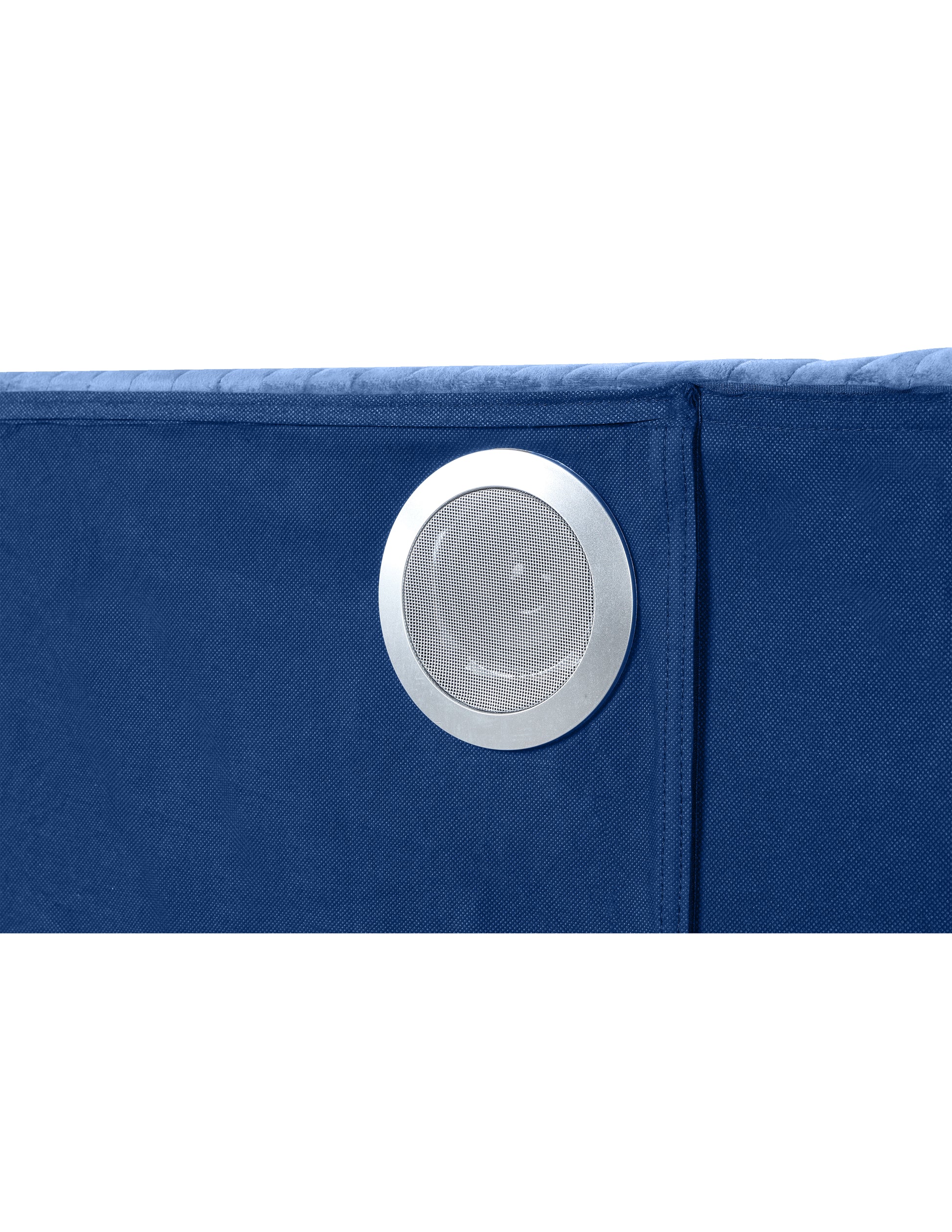 Blue fabric storage cube with a silver circular speaker grille inset on the side