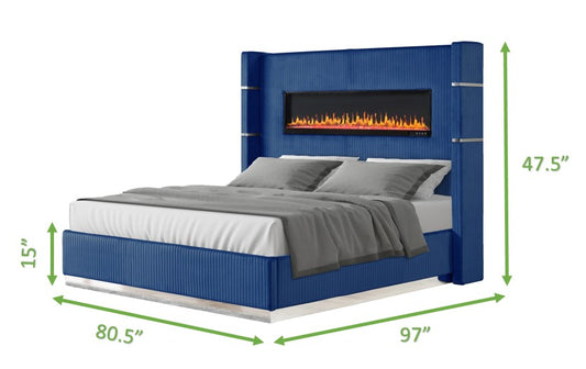 Blue velvet king bed frame with builtin electric fireplace and silver accents