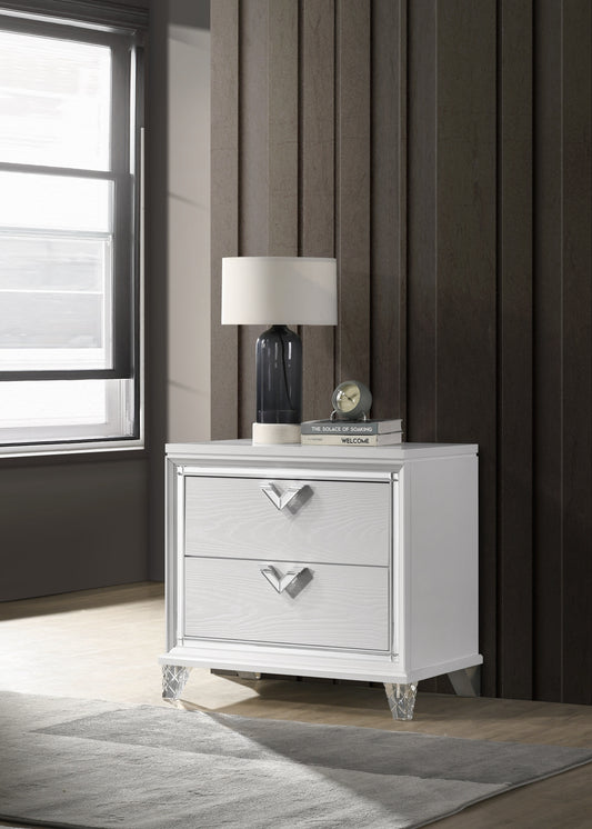 White twodrawer nightstand with mirrored trim and crystal legs