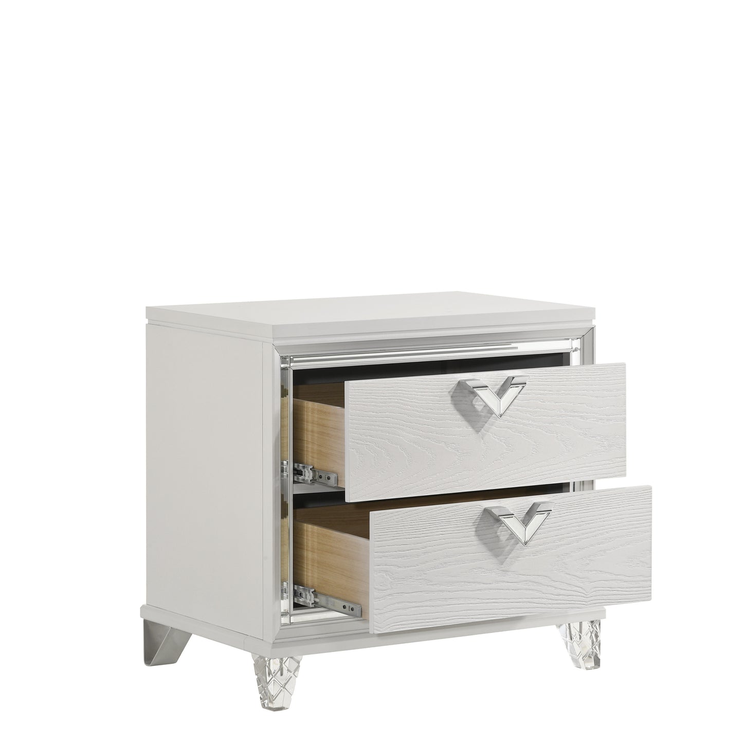 White twodrawer nightstand with silver Vshaped pulls and crystal legs