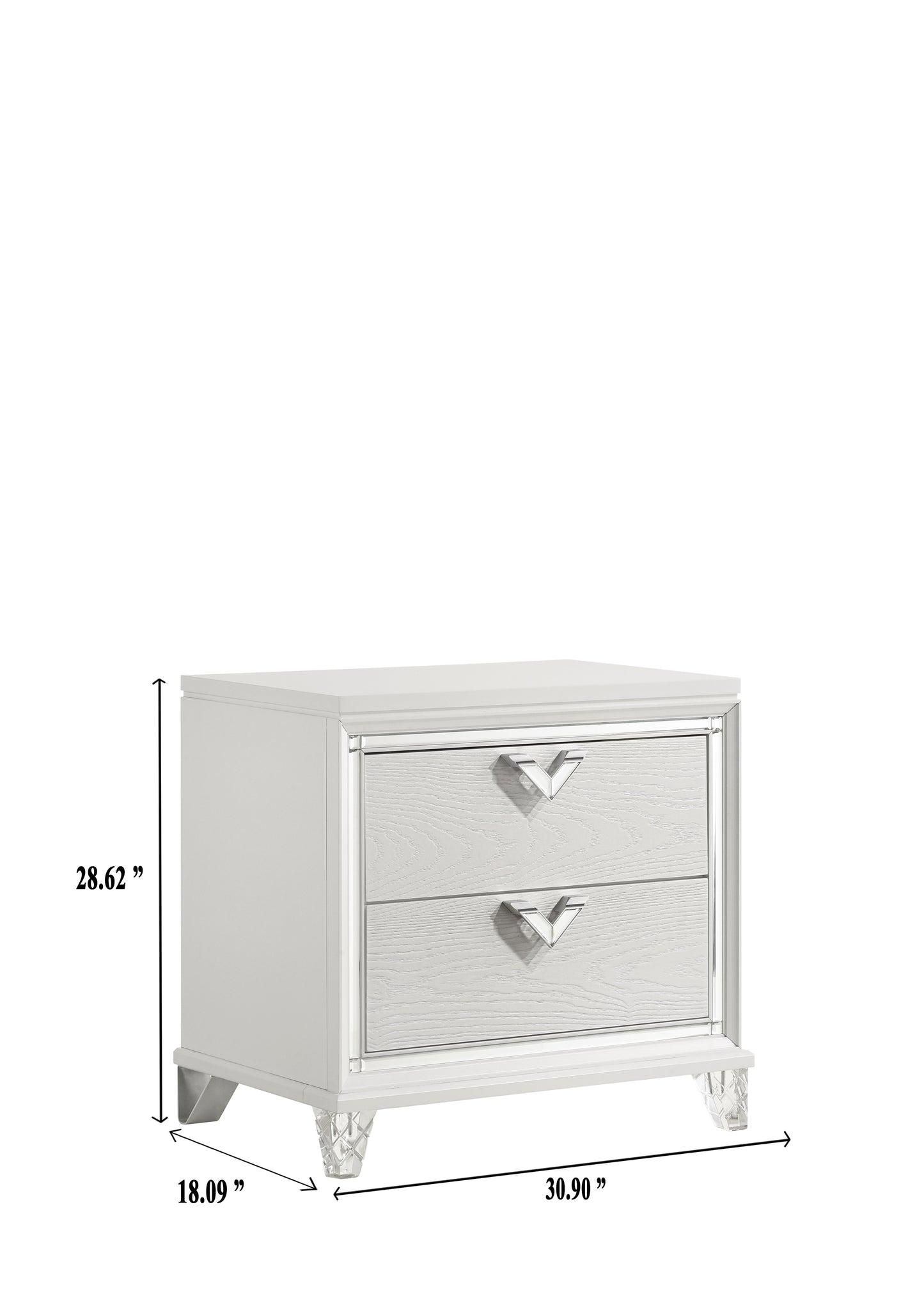 Modern white wood grain twodrawer nightstand with crystal legs