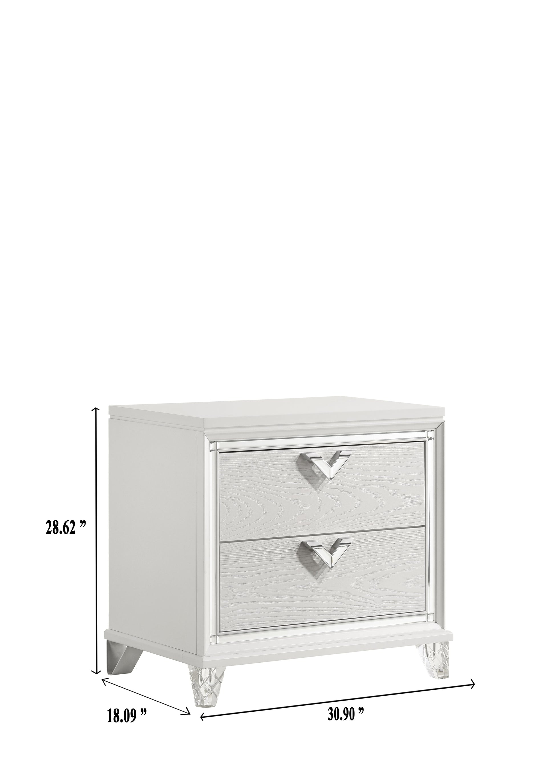 Modern white wood grain twodrawer nightstand with crystal legs