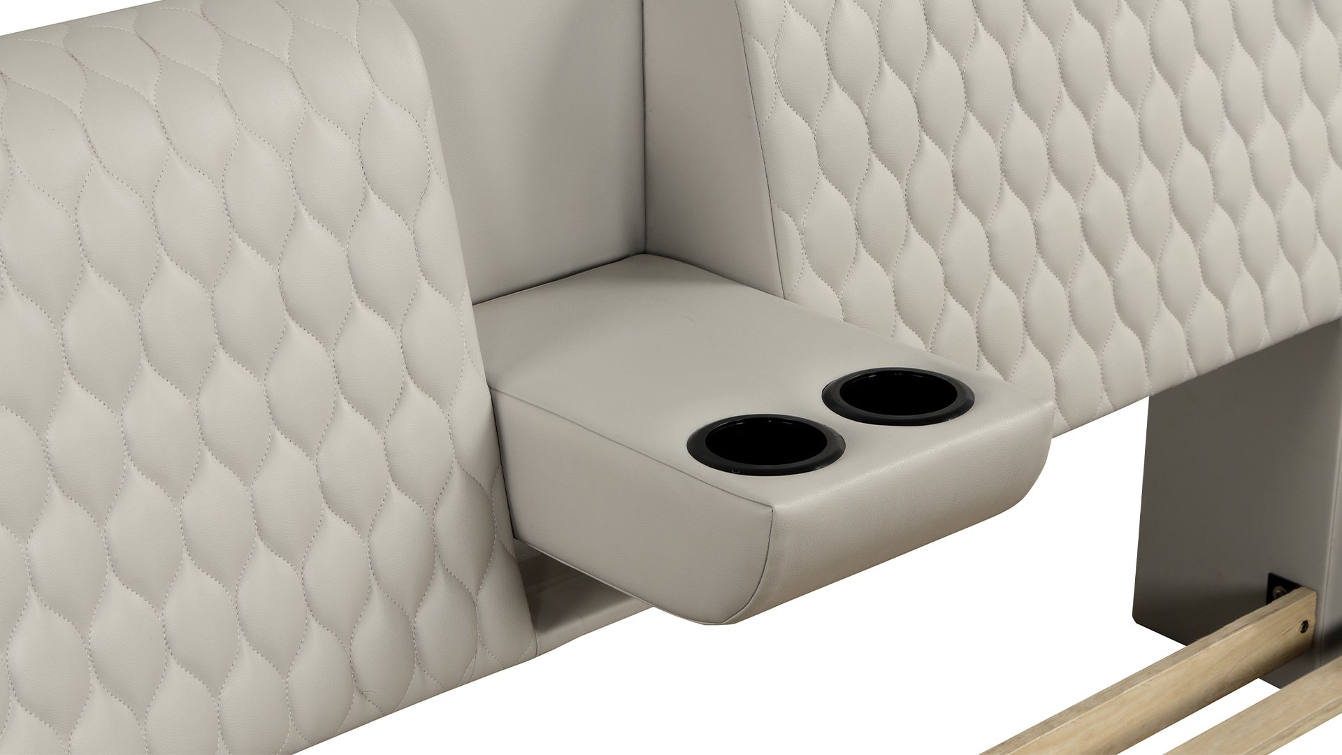 Gray diamondstitched faux leather headboard with integrated dual cup holder for reclining sofas