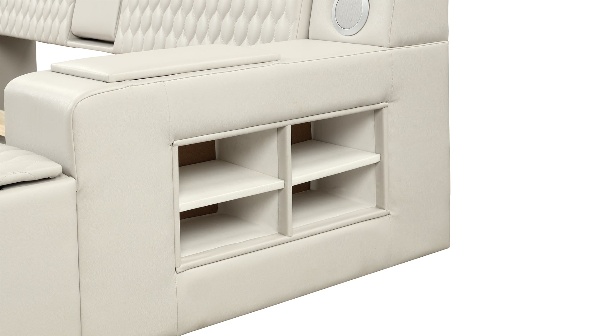 Cream faux leather modern bed frame with builtin shelves and speakers