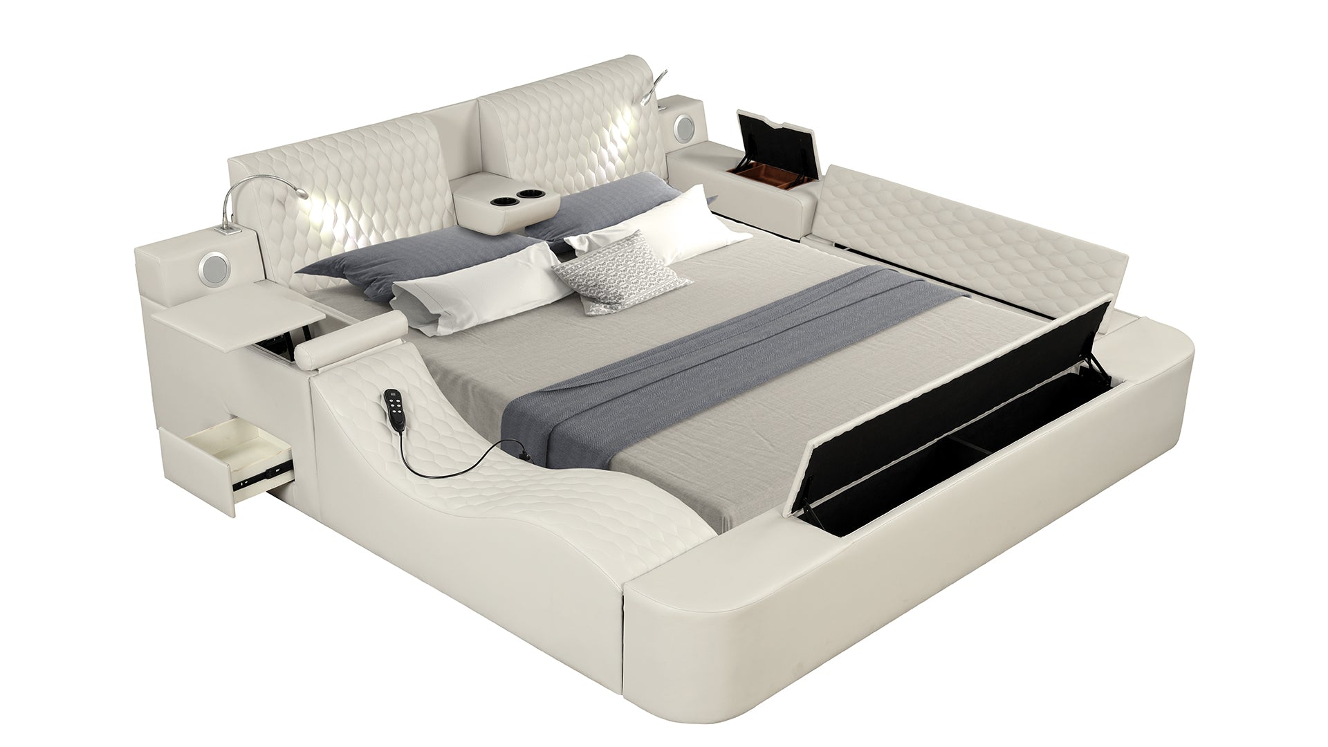 Luxurious white faux leather bed with integrated speakers and massage remote