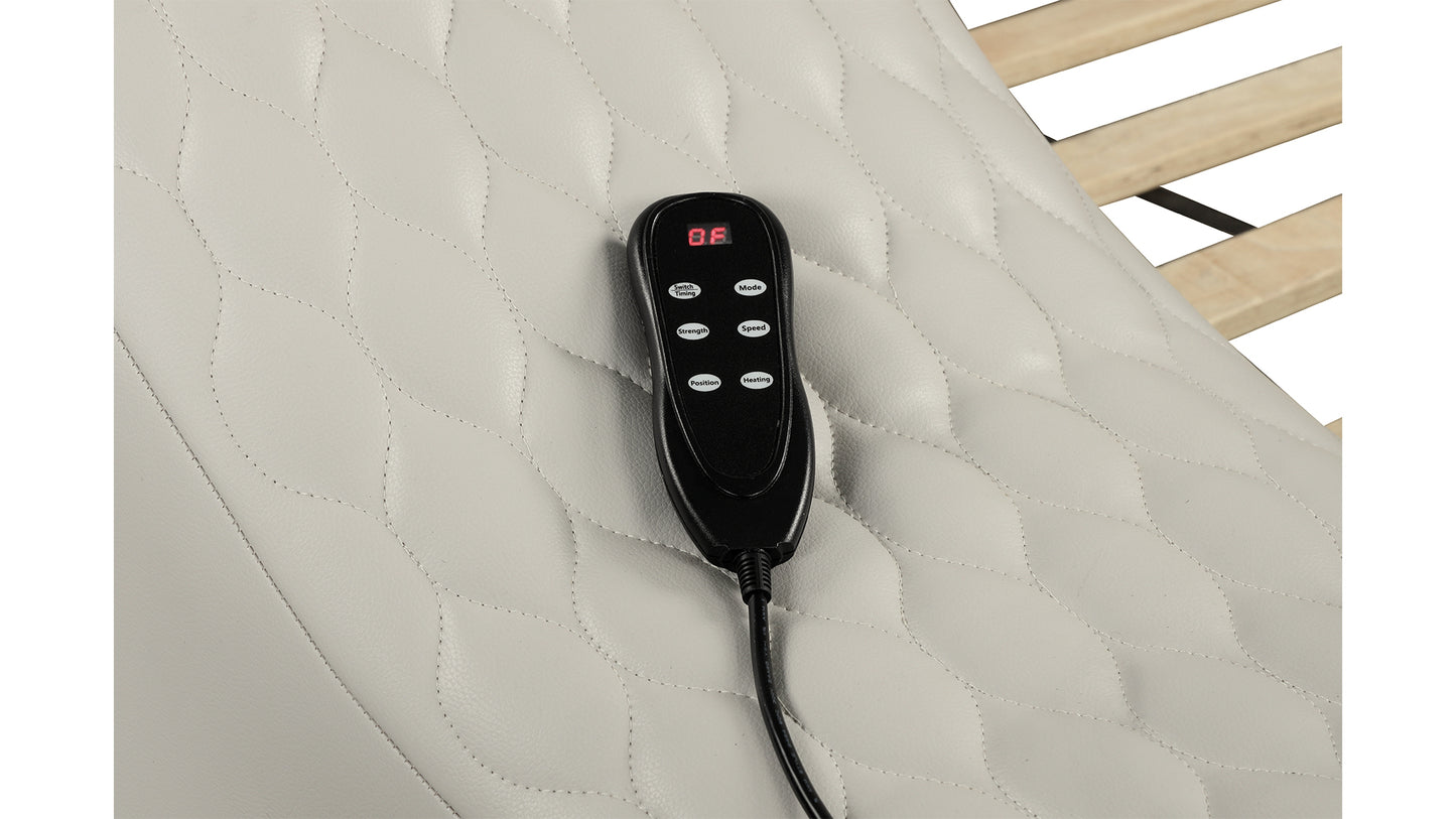 Quilted ivory faux leather upholstery with wired remote for adjustable mattress settings
