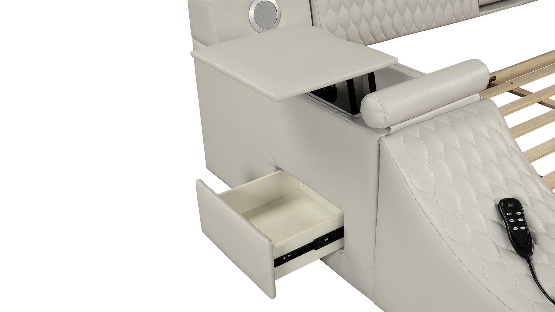 Light gray leather upholstered bed frame with integrated storage drawer and builtin speaker
