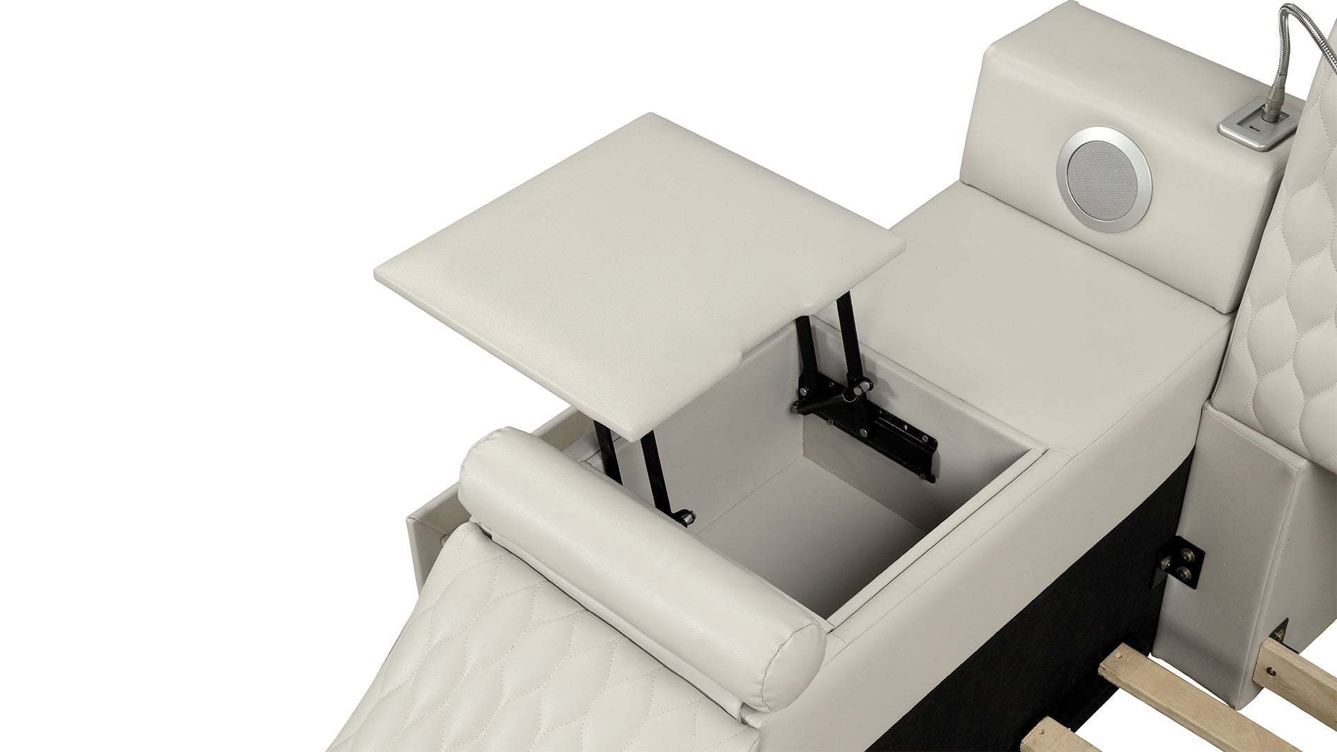 White leather bed frame with liftup storage and integrated Bluetooth speaker for modern bedrooms