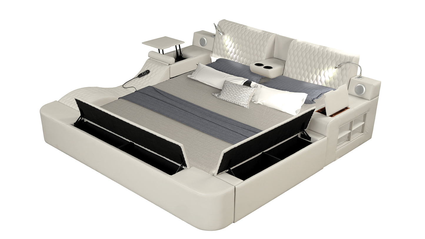 Luxurious white leather platform bed with integrated storage side tables and speakers