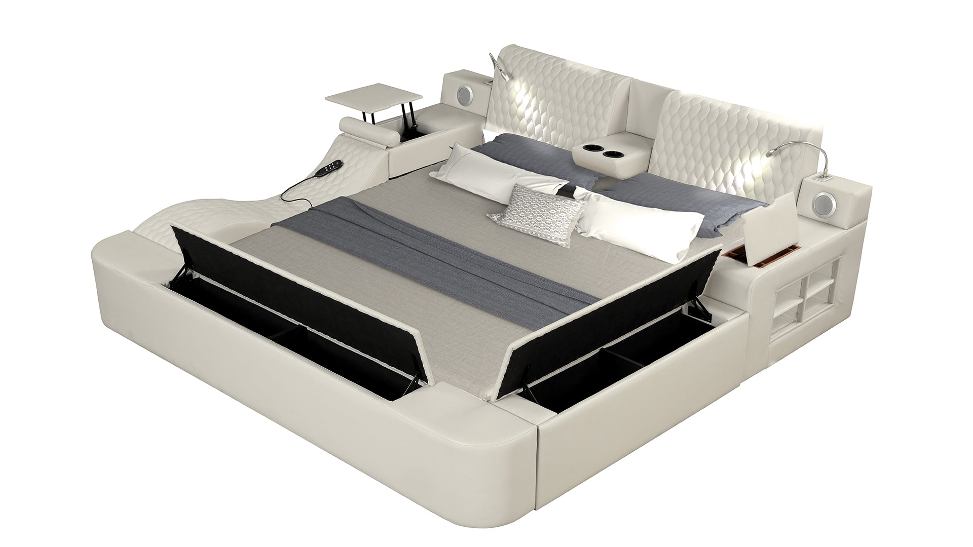 Luxurious white leather platform bed with integrated storage side tables and speakers