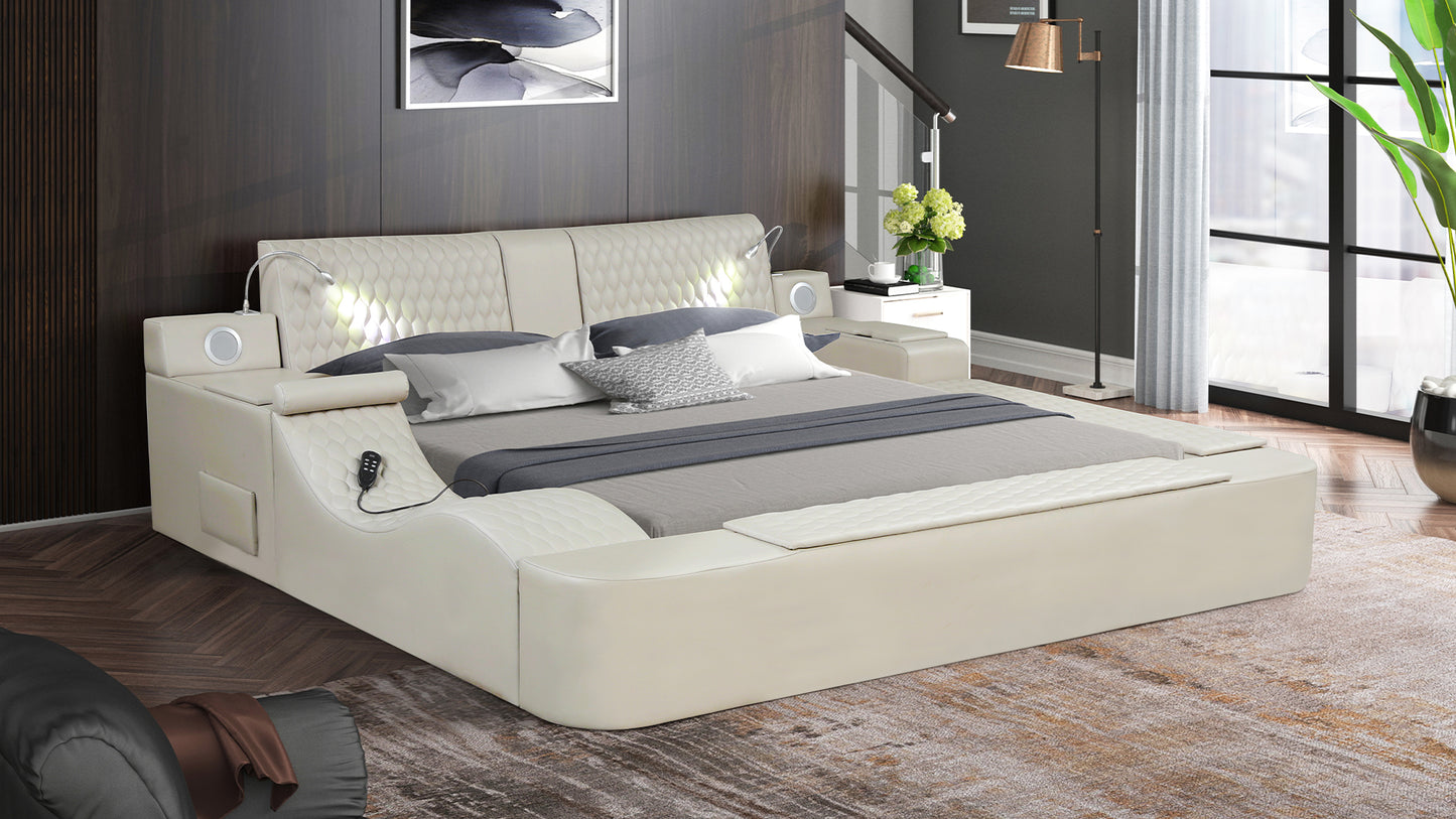 Cream upholstered platform bed with builtin speakers and reading lights