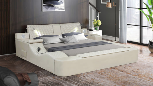 Cream upholstered platform bed with builtin speakers and reading lights