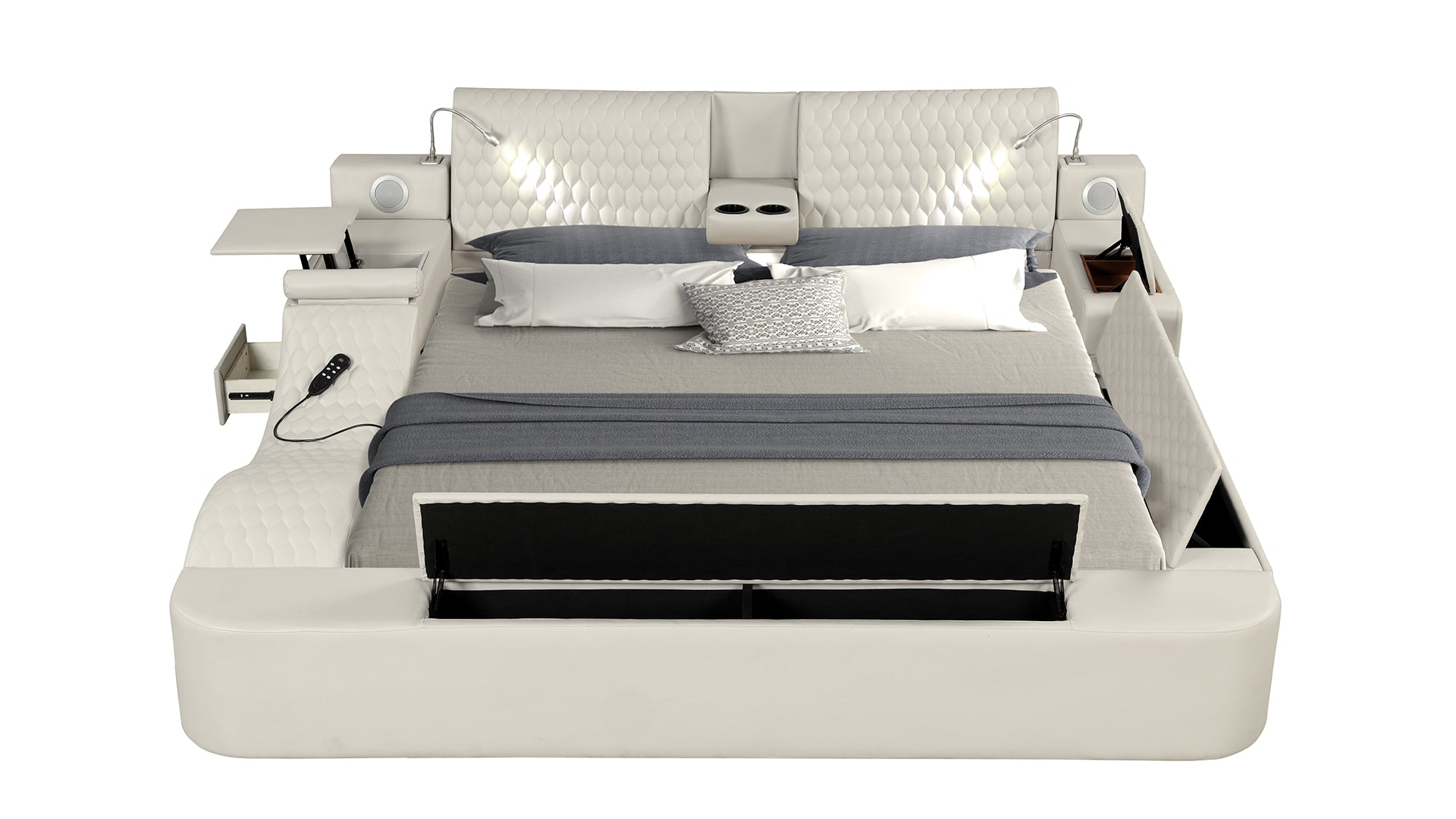 Luxury white leather bed with builtin speakers reading lights and storage