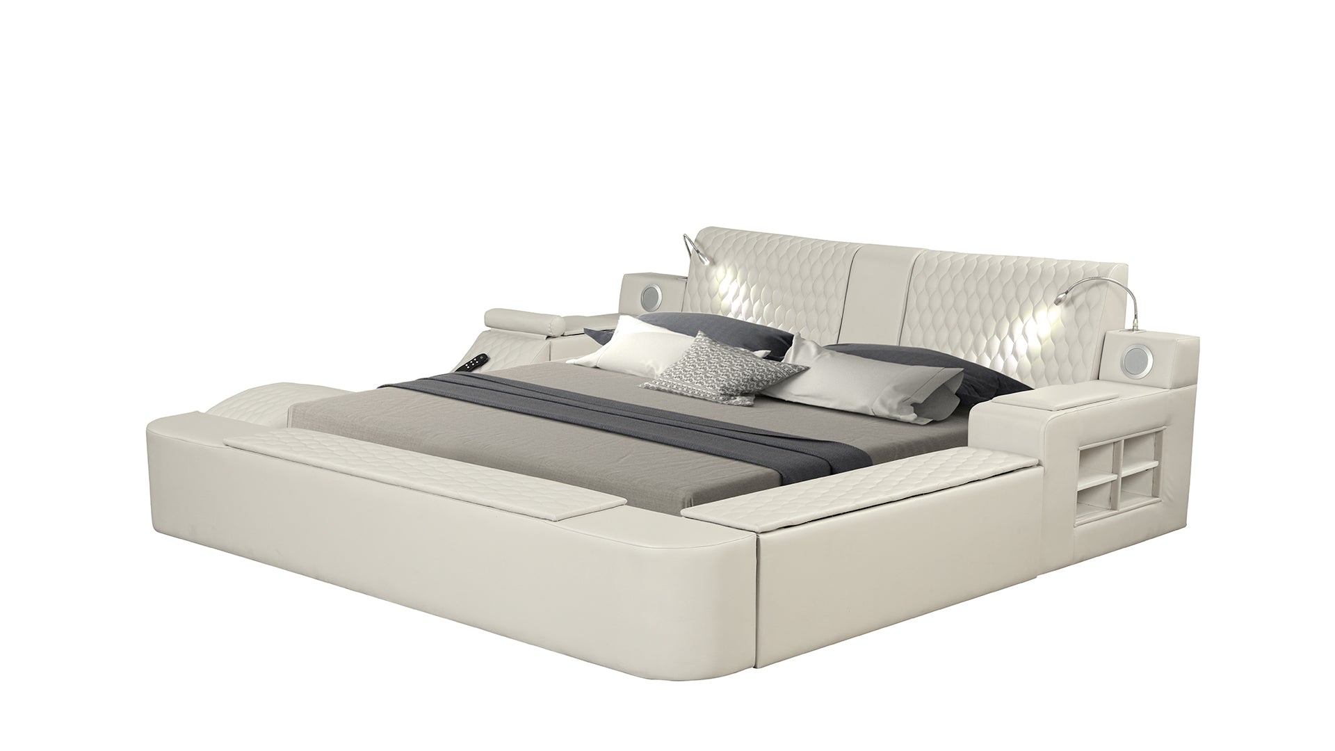 Modern white leather bed with builtin speakers and reading lamps