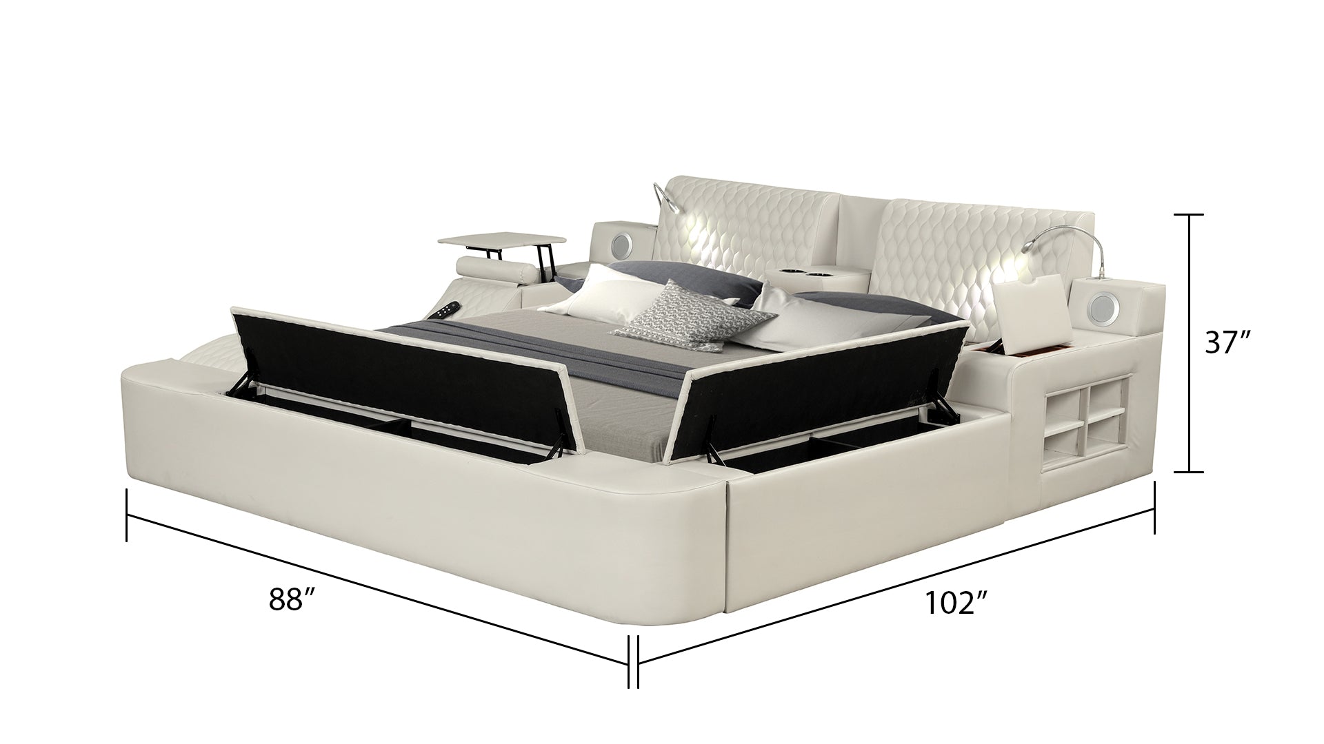 White leather platform bed with builtin storage speakers and reading lights