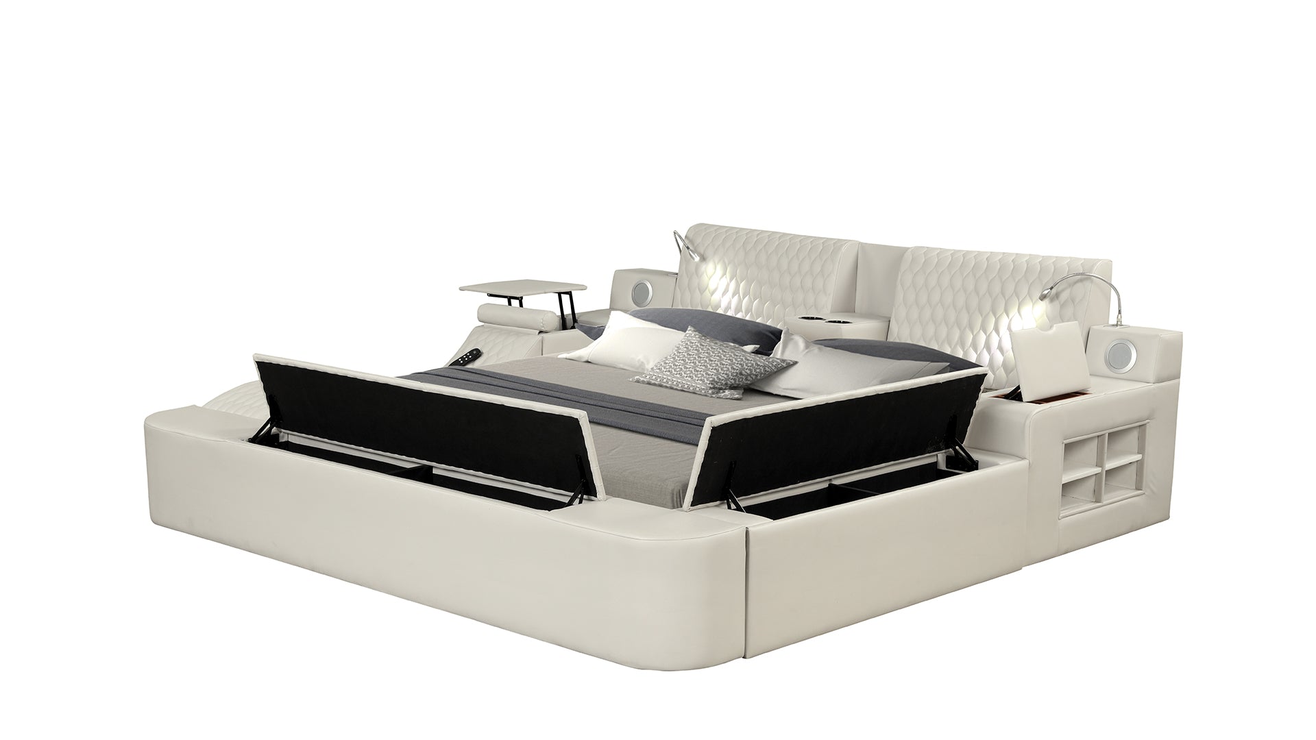 White leather smart bed with storage builtin speakers and adjustable reading lights