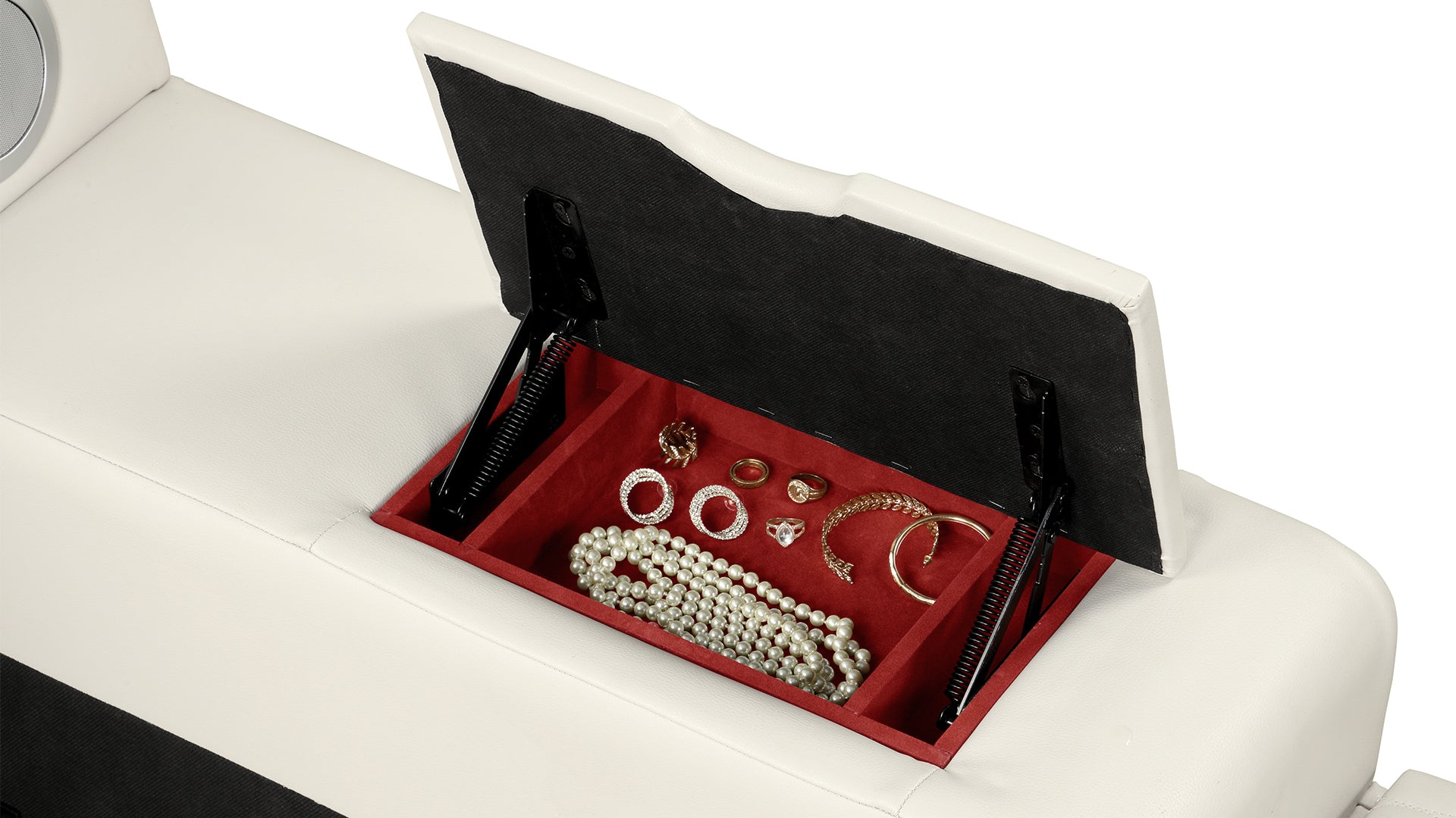 White storage bench with open lid revealing velvet jewelry tray and accessories