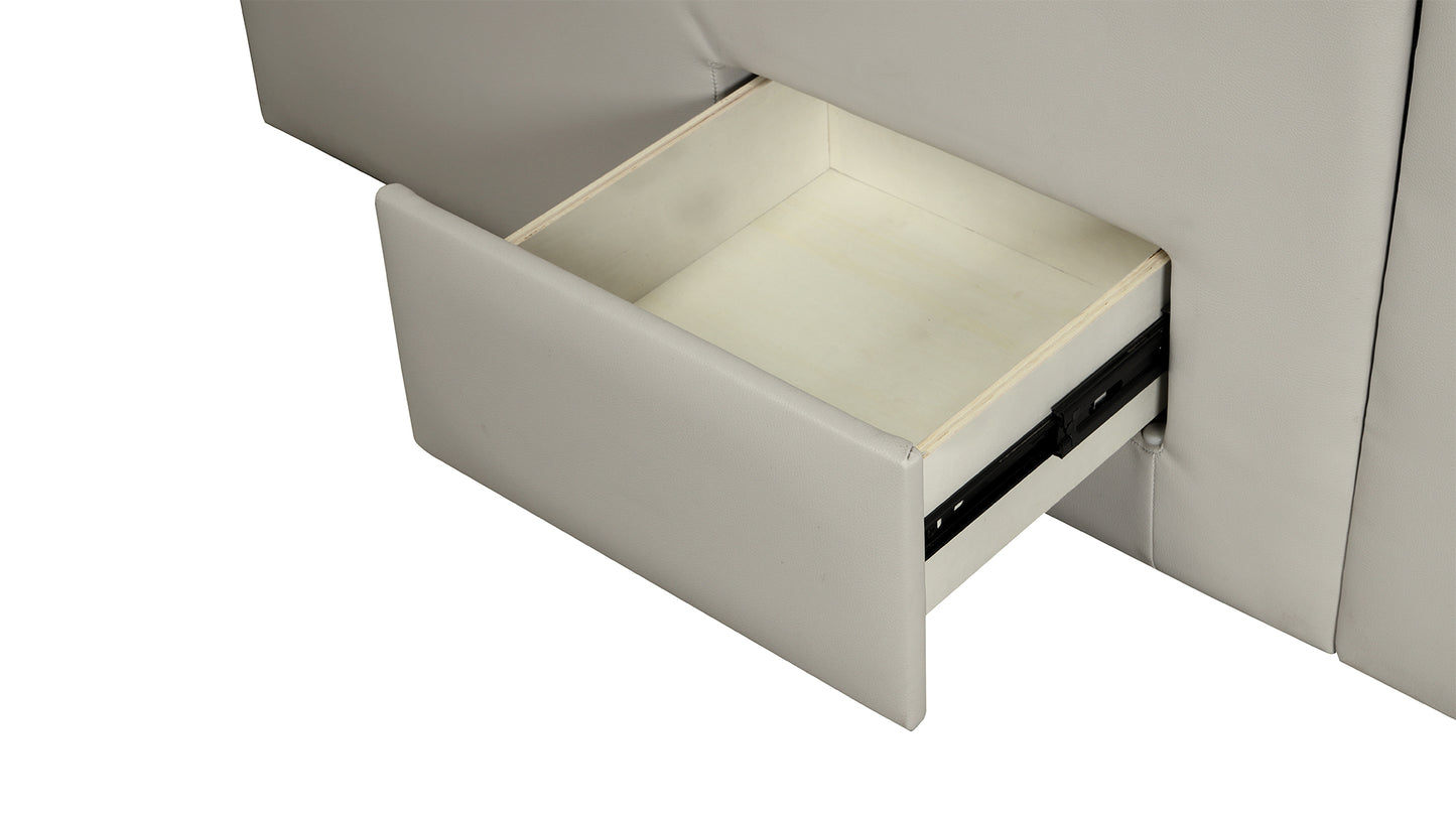 Light grey faux leather upholstered bed frame with an open drawer and metal glides
