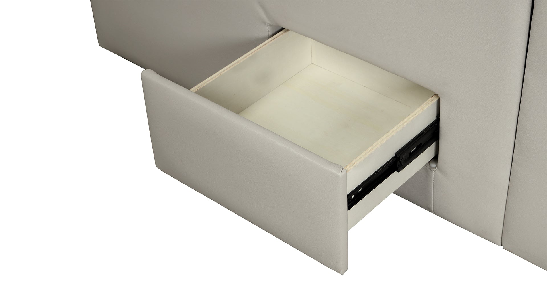 Light grey faux leather upholstered bed frame with an open drawer and metal glides
