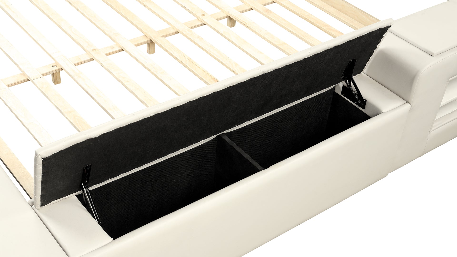 Cream faux leather bed frame with open storage compartment and wooden slats