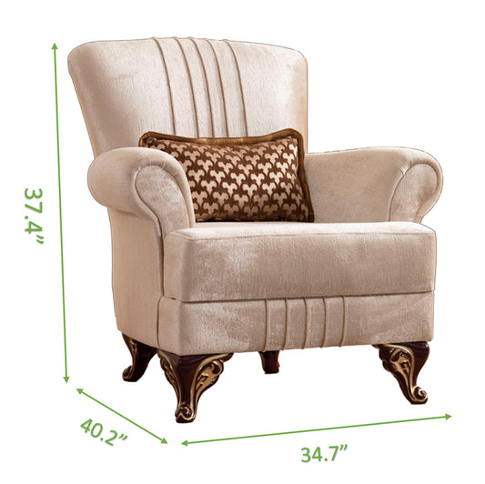 Plush cream velvet accent chair with elegant button tufting and decorative throw pillow
