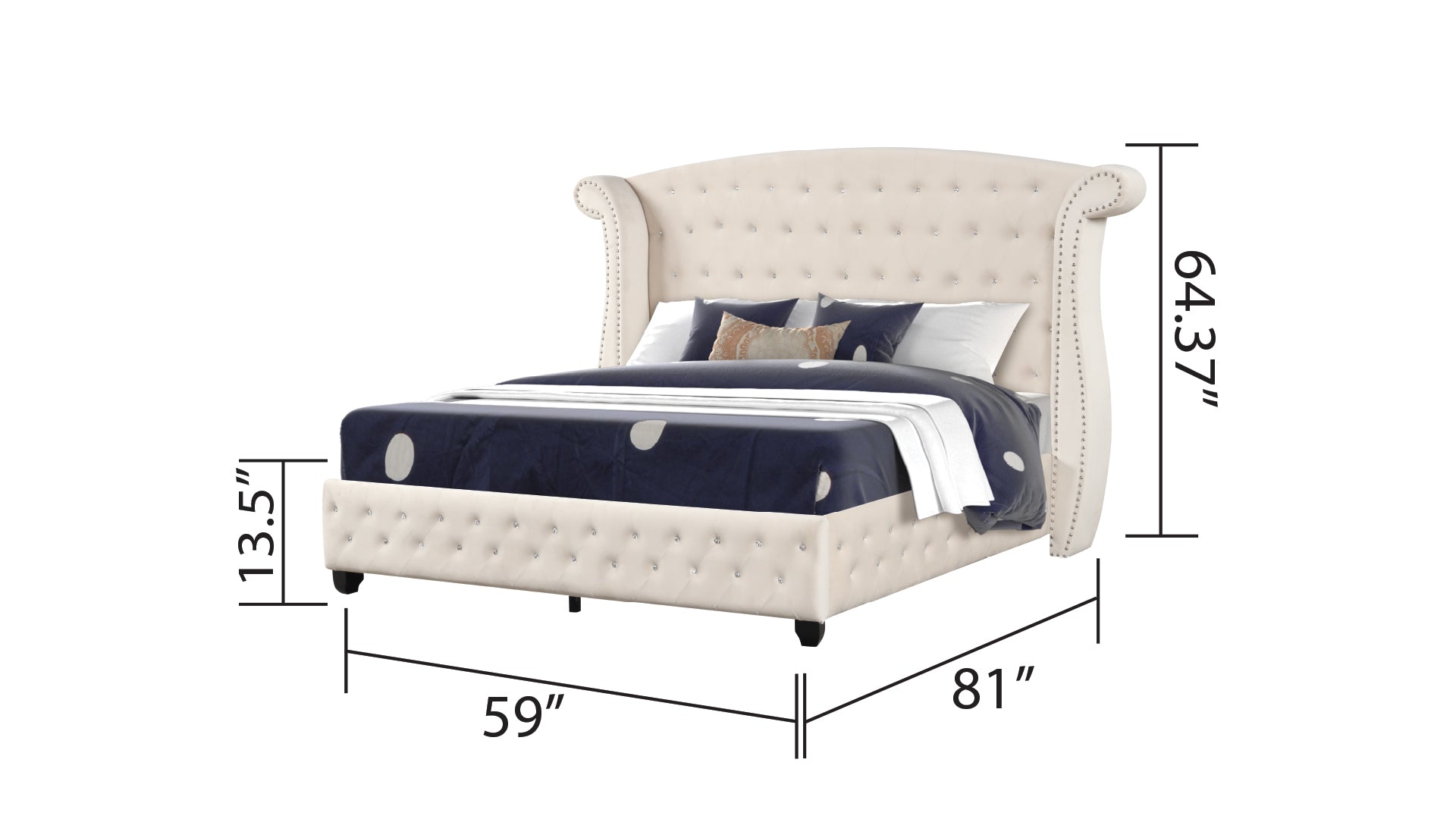Elegant cream velvet tufted wingback bed with diamond accents queen size