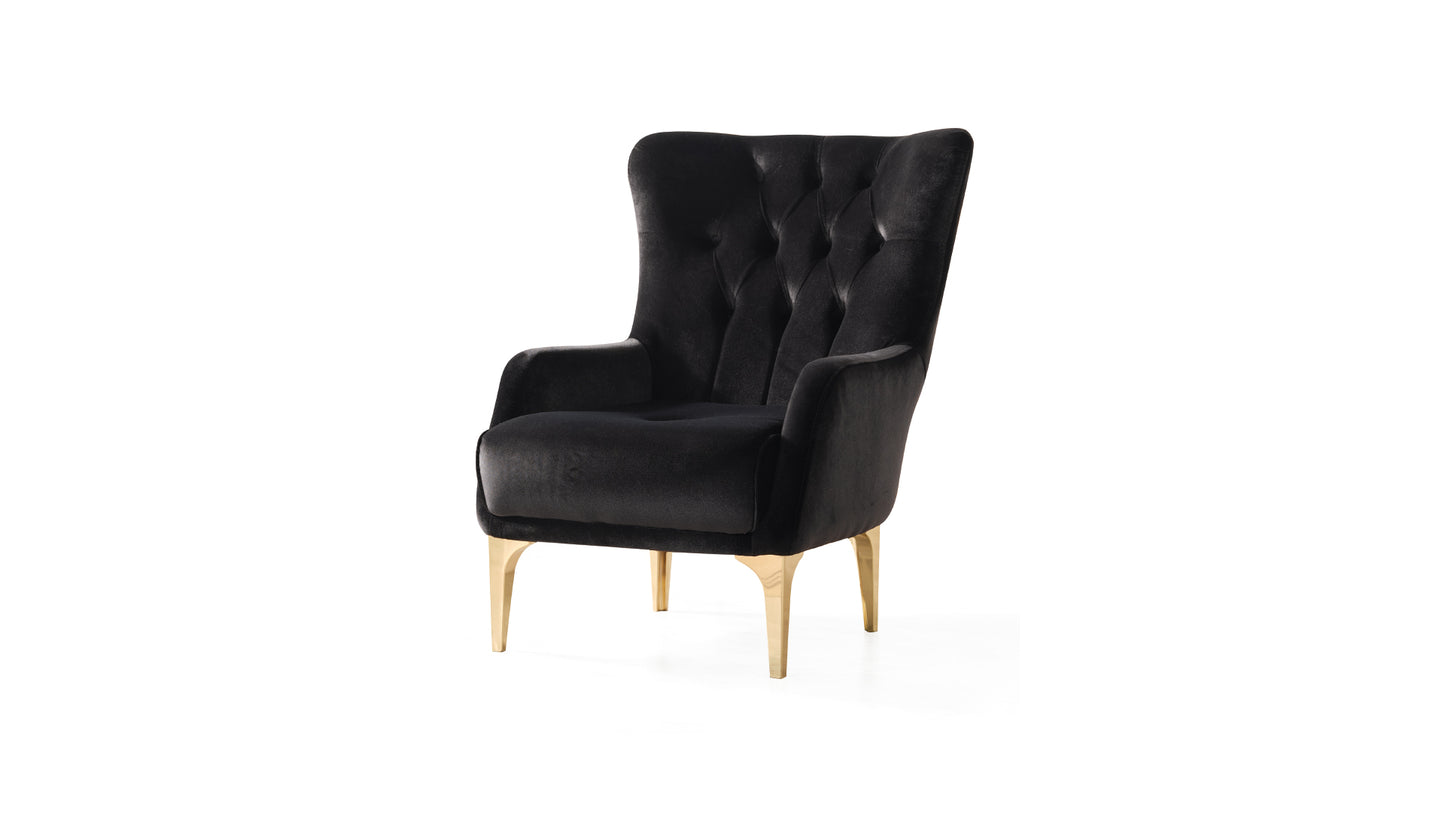 Black velvet armchair with diamond tufting and gold legs perfect for a stylish living room