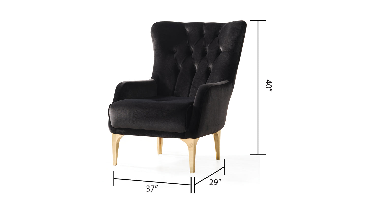 Black velvet wingback accent chair with tufted back and gold legs