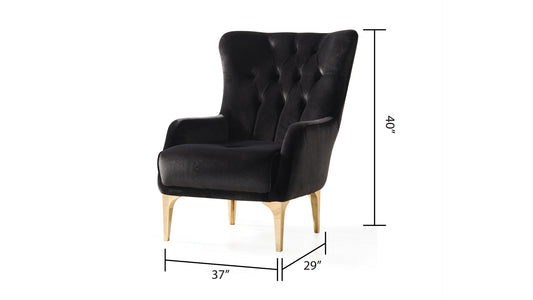 Black velvet wingback accent chair with tufted back and gold legs