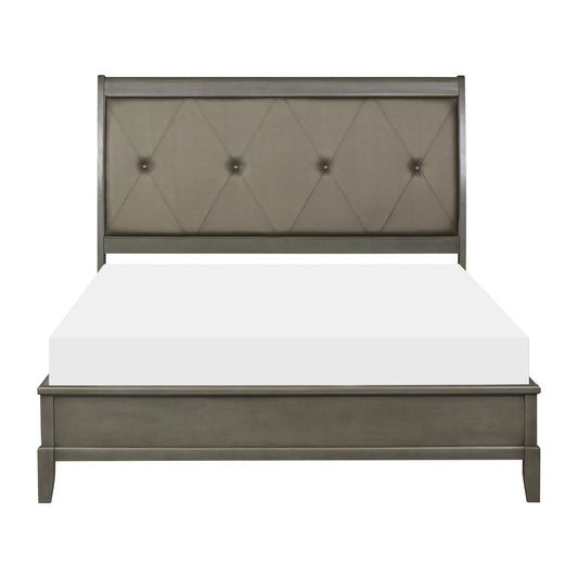 Gray upholstered modern bed frame with diamond tufting