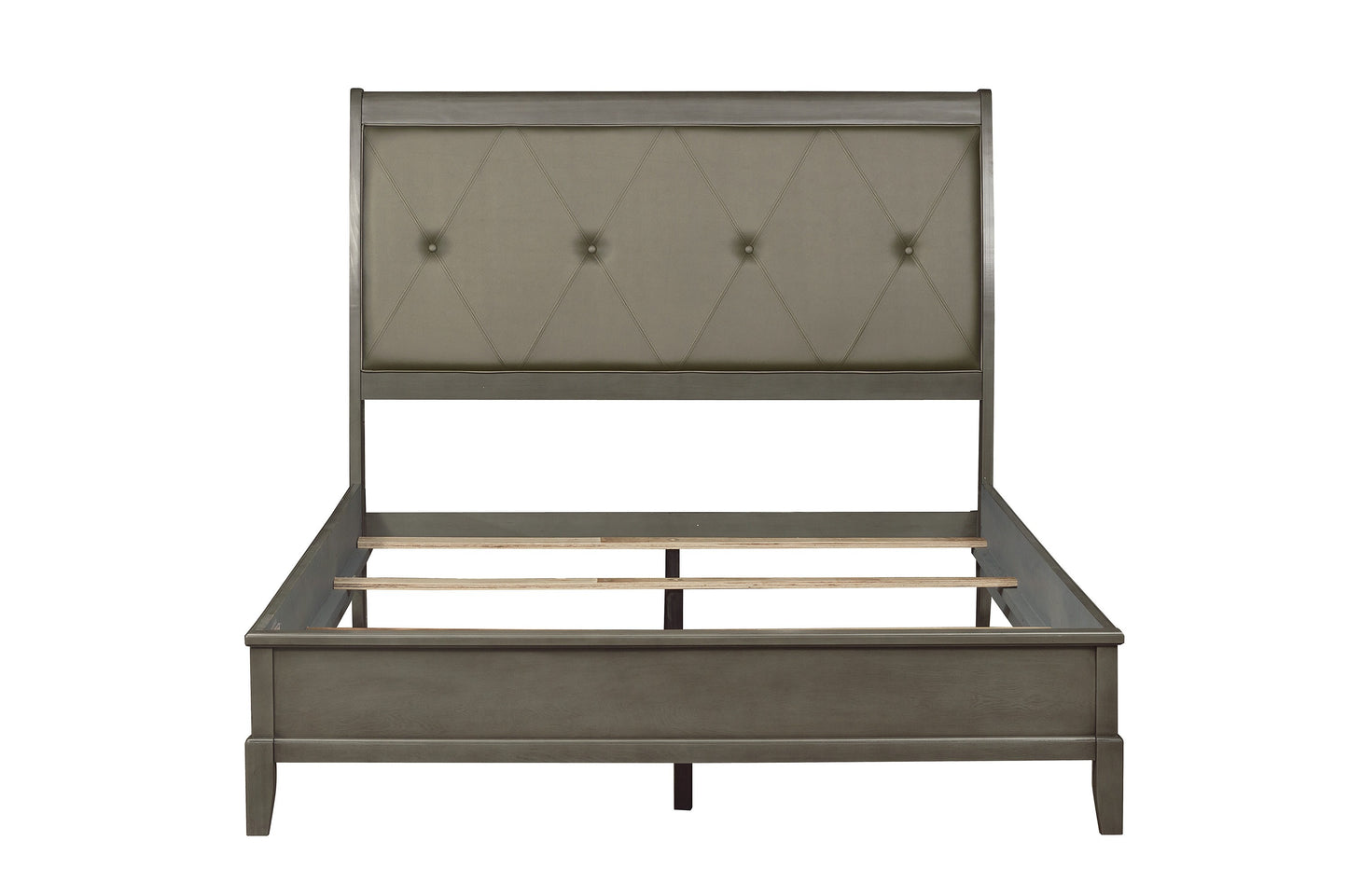 Modern grey tufted upholstered headboard and wooden frame platform bed
