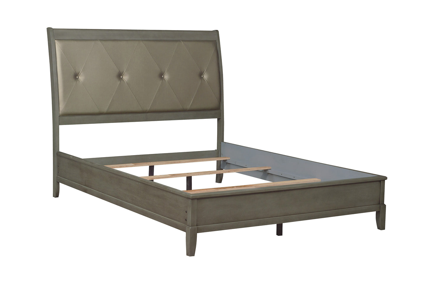 Gray tufted headboard sleigh bed frame with wooden slats