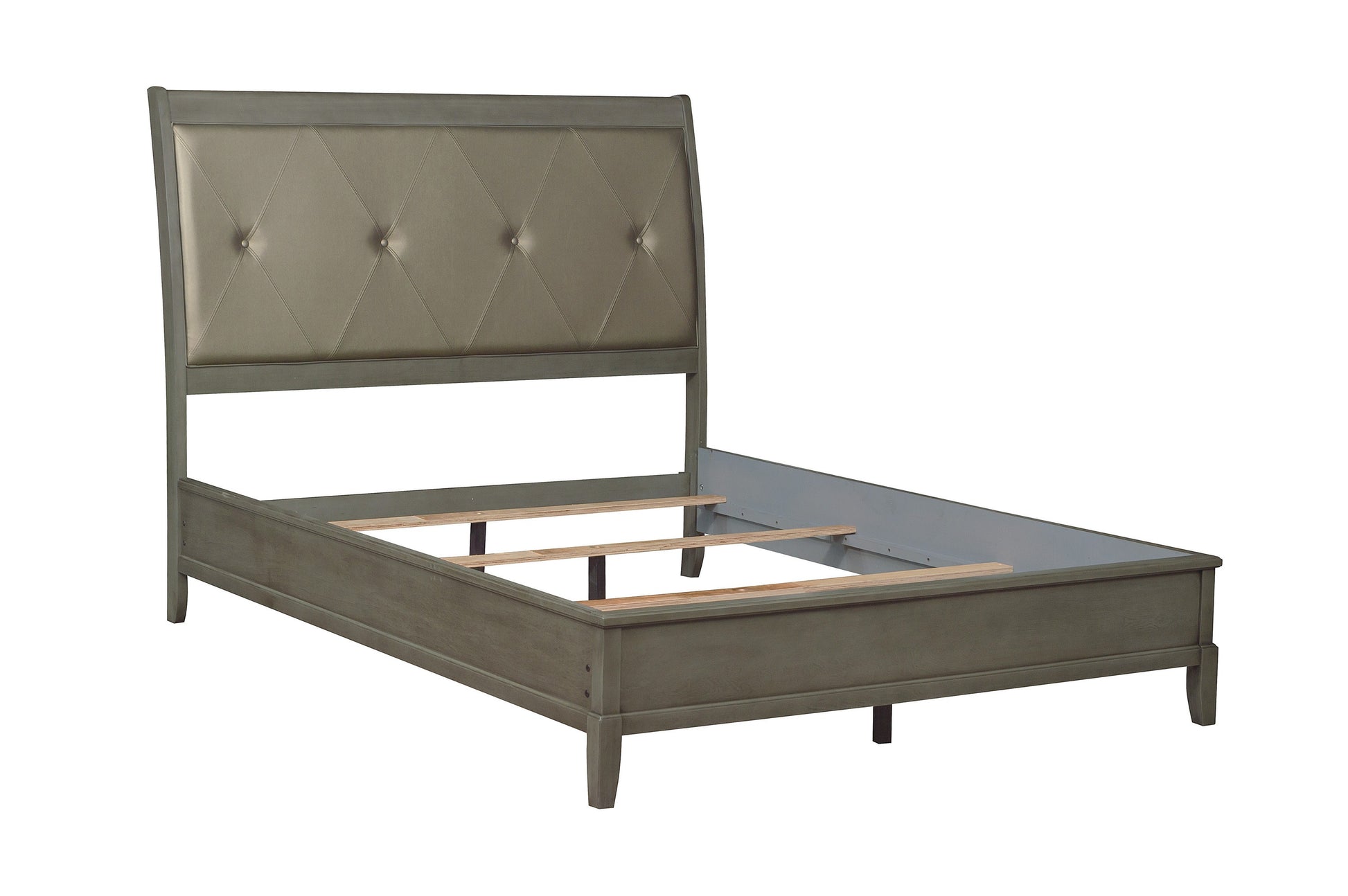 Gray tufted headboard sleigh bed frame with wooden slats