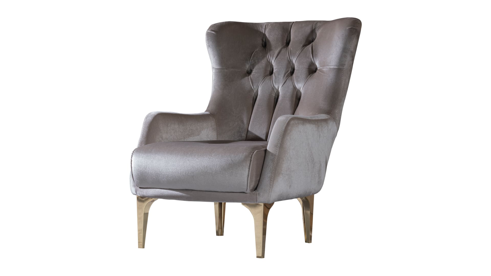 Tufted grey velvet armchair with elegant gold legs perfect for a stylish living room