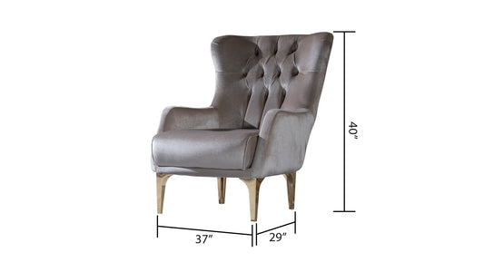 Gray velvet armchair with tufted back and gold metal legs  height