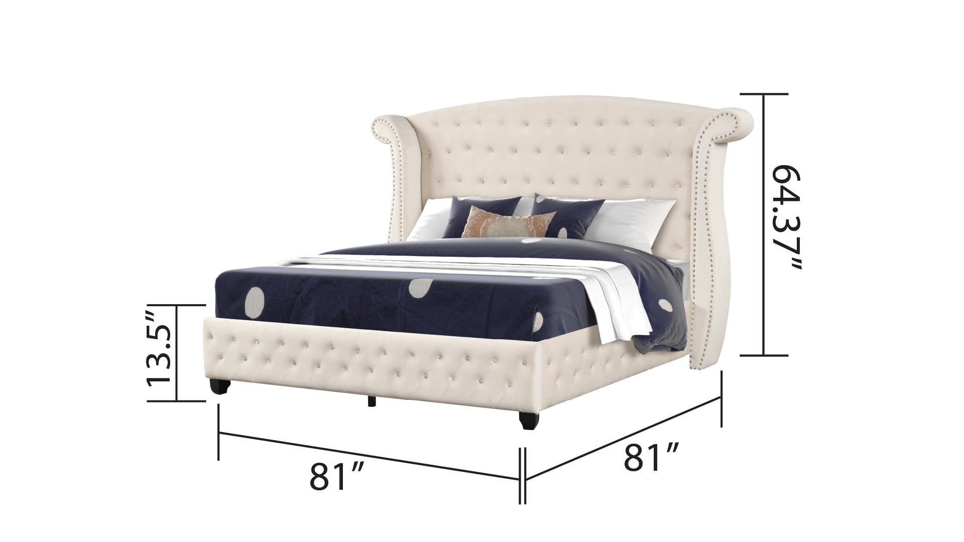 Tufted cream upholstered queen bed with crystal accents and nailhead trim