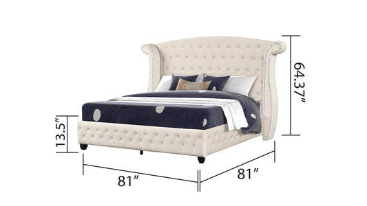 Tufted cream upholstered queen bed with crystal accents and nailhead trim