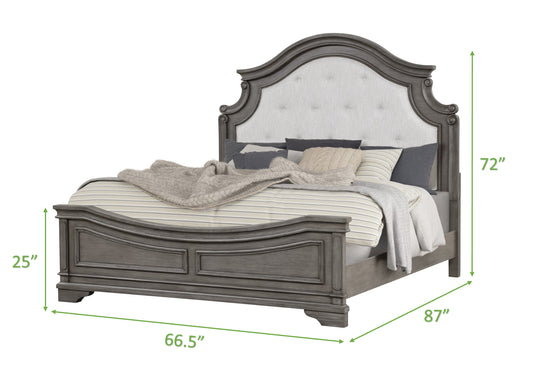 Ornate grey wood queen bed frame with upholstered tufted headboard