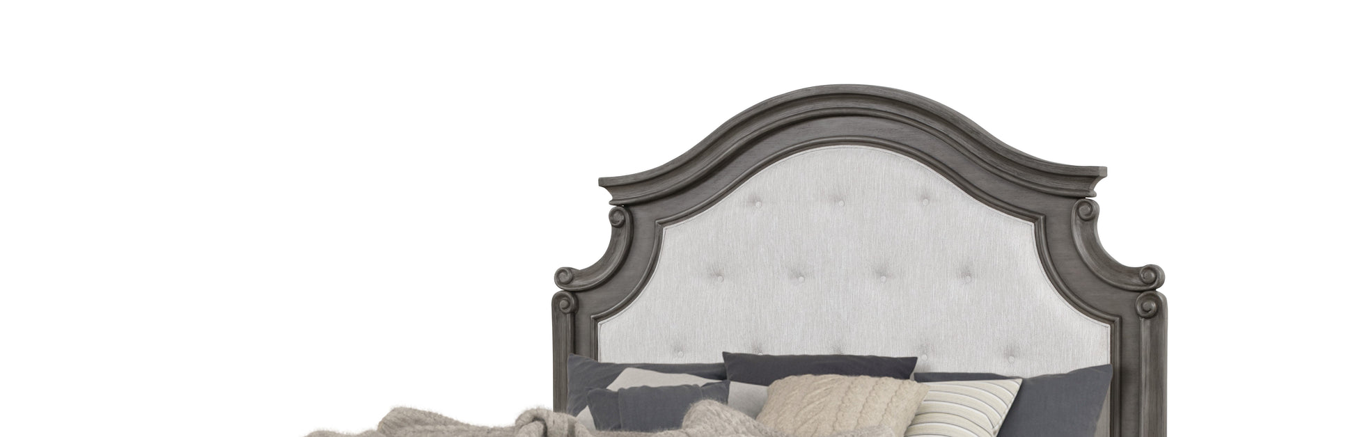 Tufted light grey fabric headboard with carved grey wood frame for a king size bed