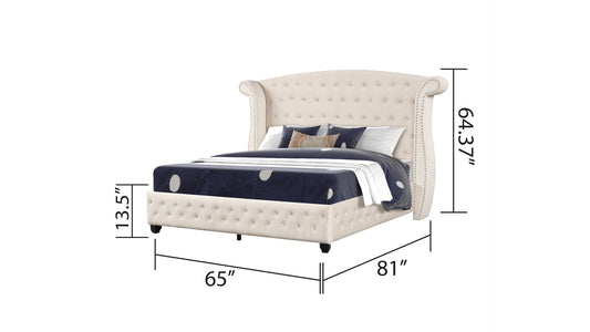 Cream upholstered queen bed with crystal tufting and wingback headboard