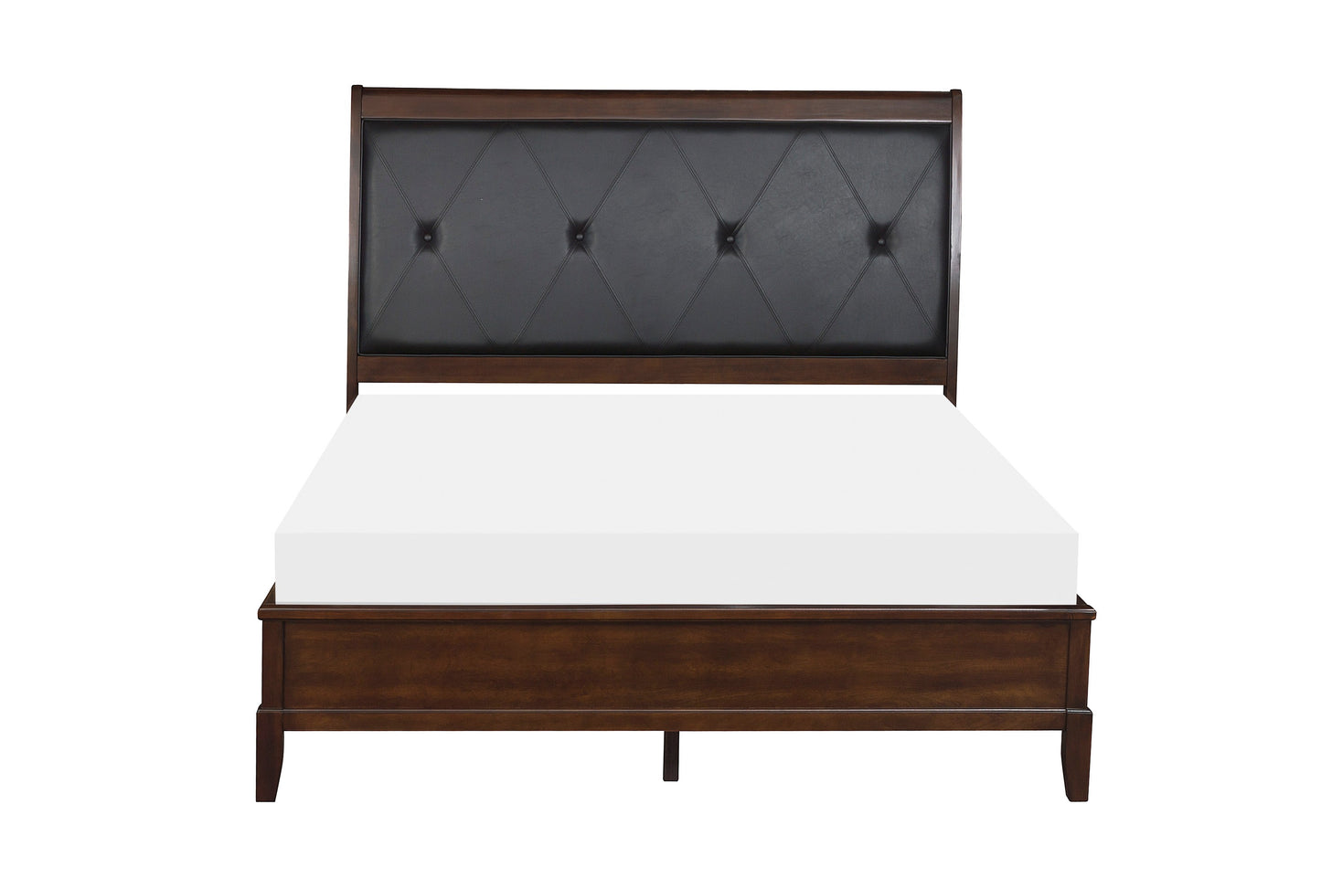 Dark wood sleigh bed with tufted black leather headboard