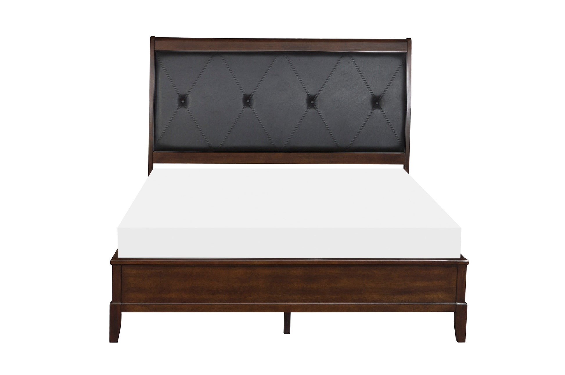 Dark wood sleigh bed with tufted black leather headboard