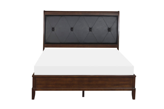 Dark wood sleigh bed with tufted black leather headboard