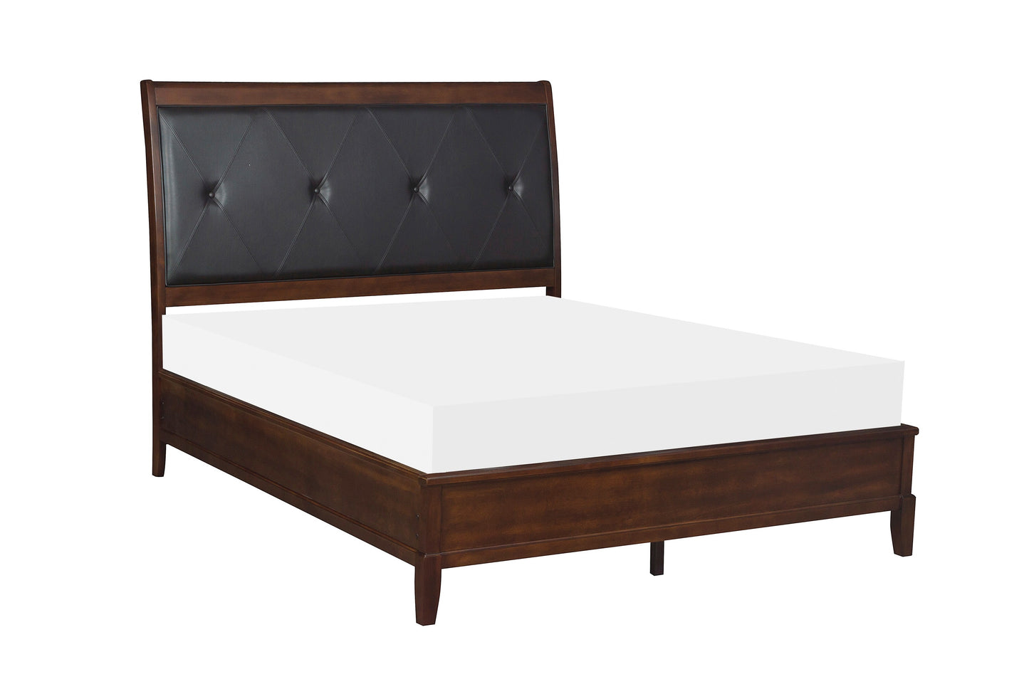 Dark wood platform bed with tufted leather headboard