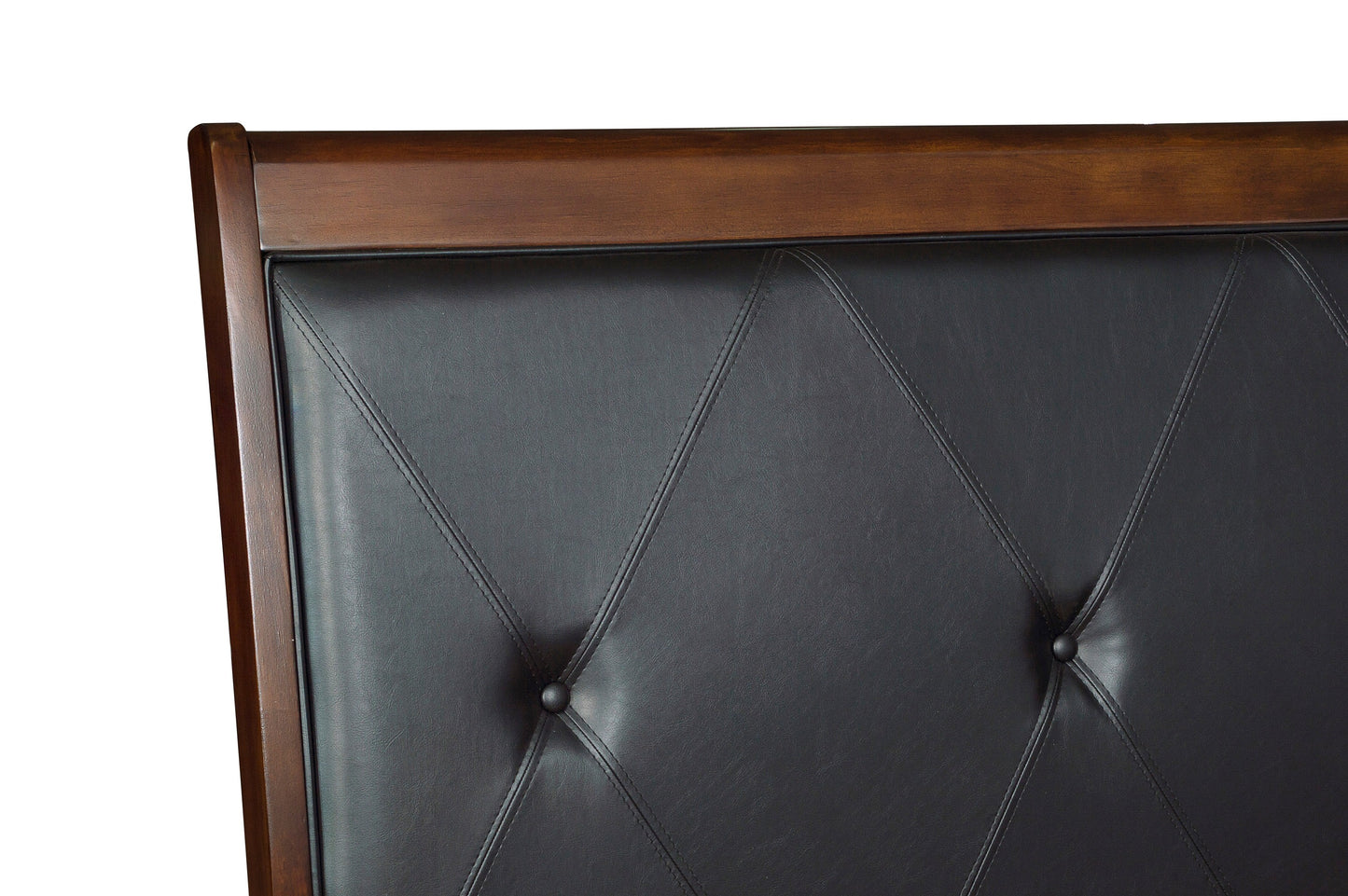 Dark brown wood frame surrounds tufted black leather headboard