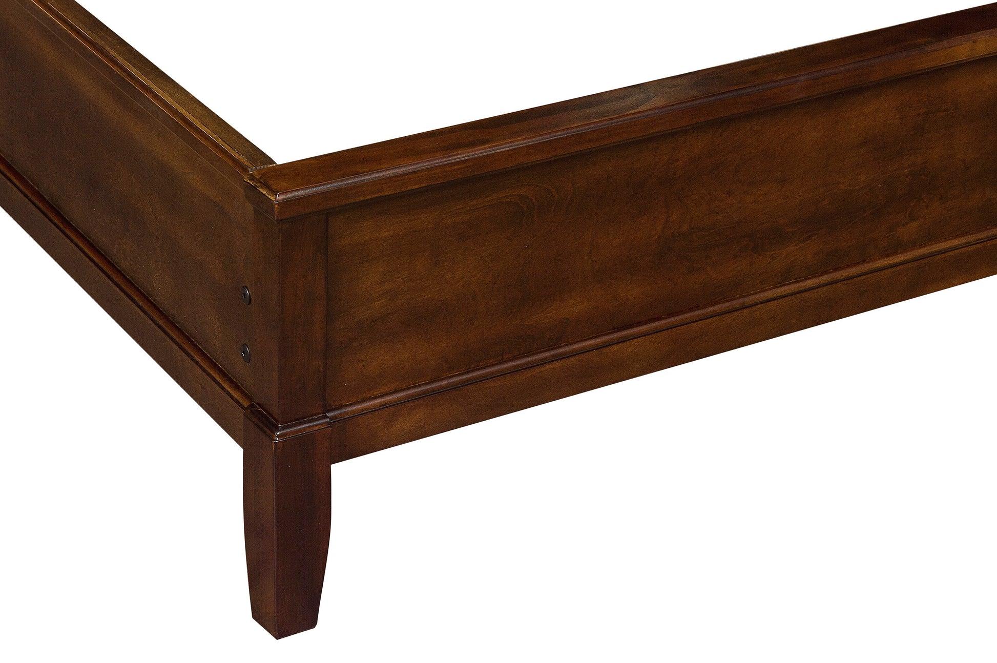 Dark cherry wood platform bed frame corner
