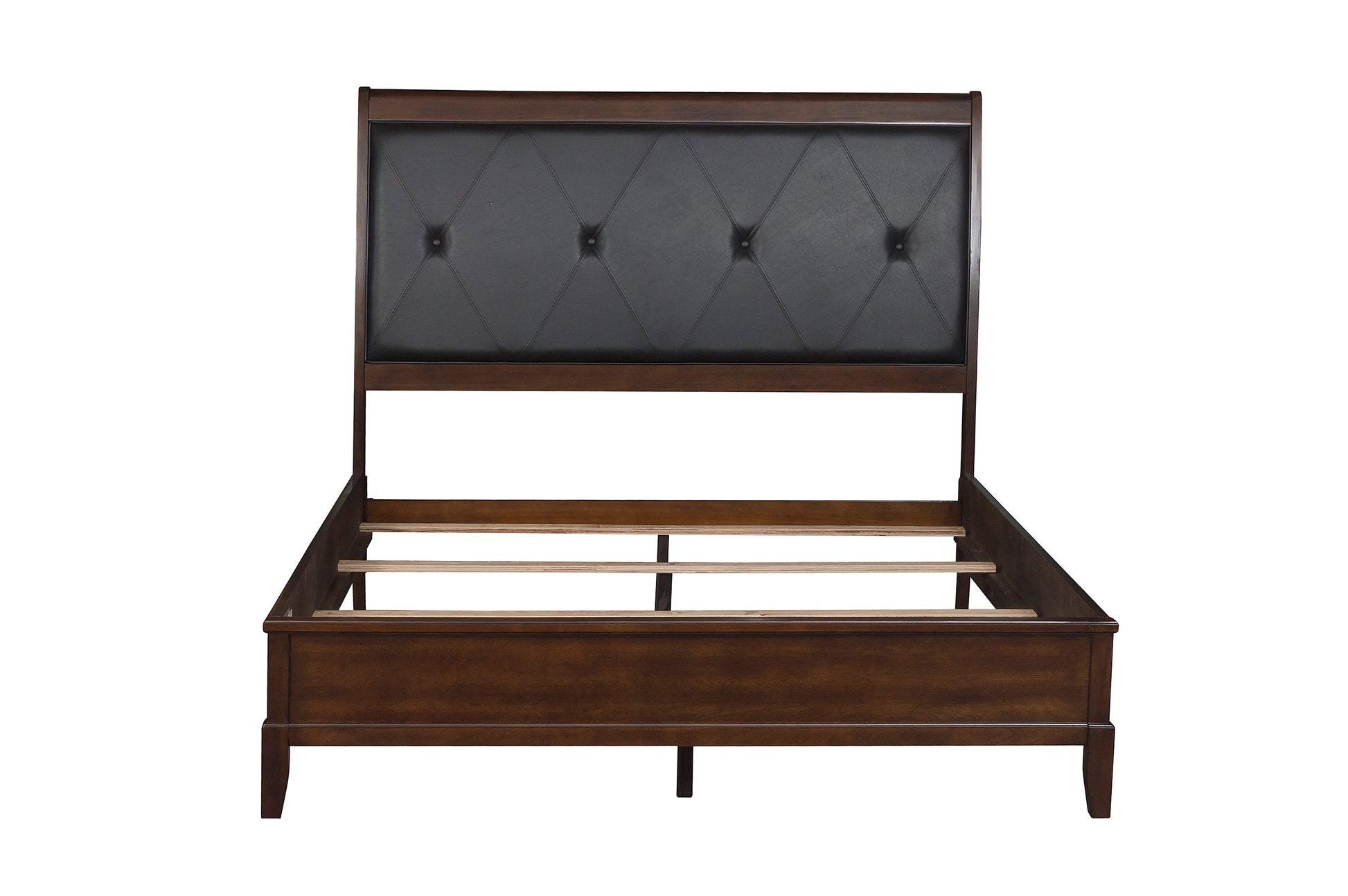 Dark brown wooden bed frame with tufted black faux leather headboard