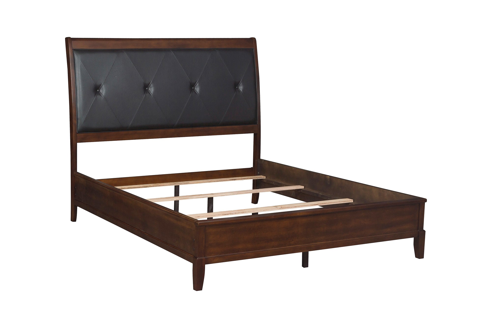 Dark brown wood and faux leather tufted headboard bed frame
