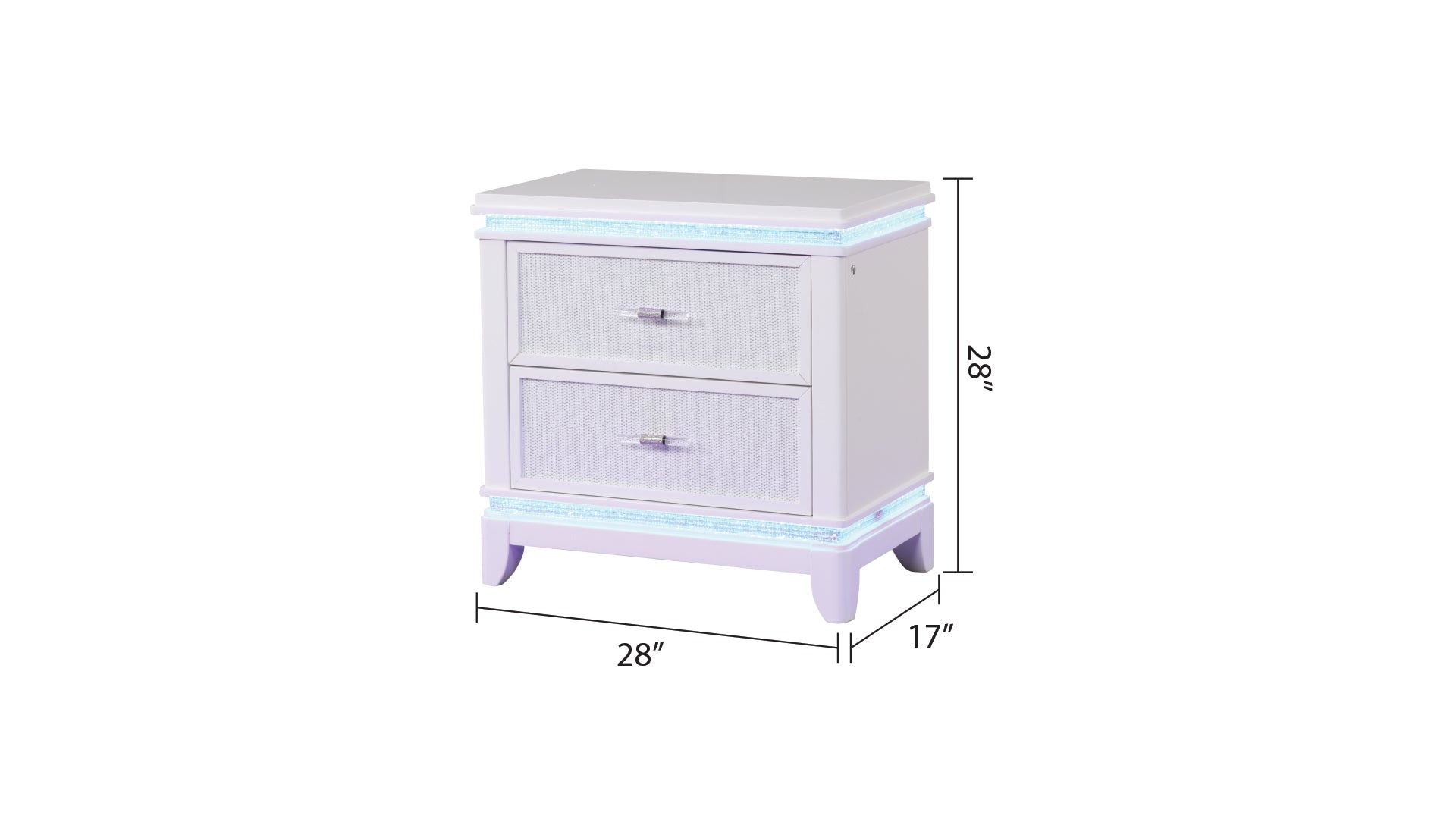 Lilac twodrawer nightstand with crystal knobs and LED lighting trim